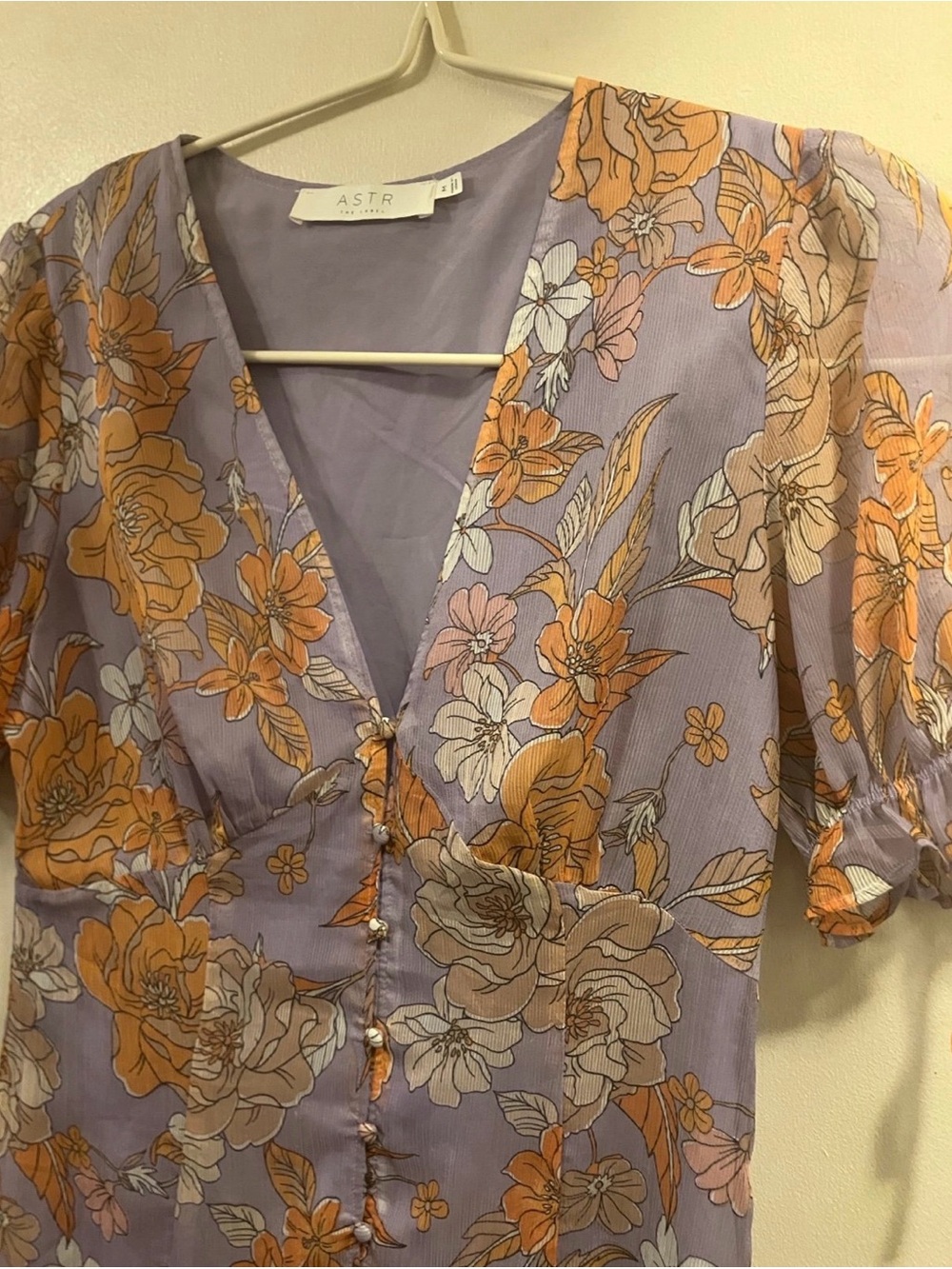 ASTR Lavender Floral Button-Front Puff Sleeve Blouse with Orange Blooms